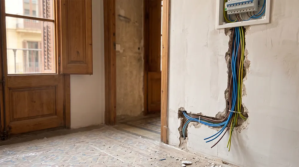 Electricista tendiendo cableado nuevo en una vivienda de Barcelona