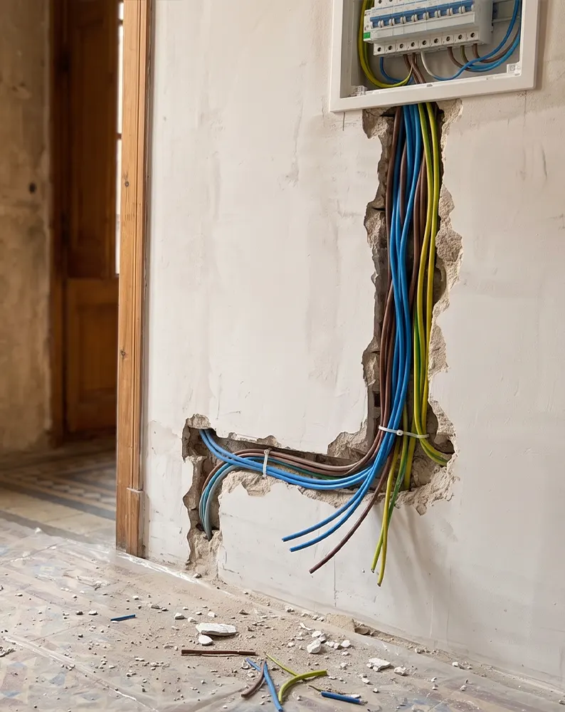Electricista tendiendo cableado nuevo en una vivienda de Barcelona