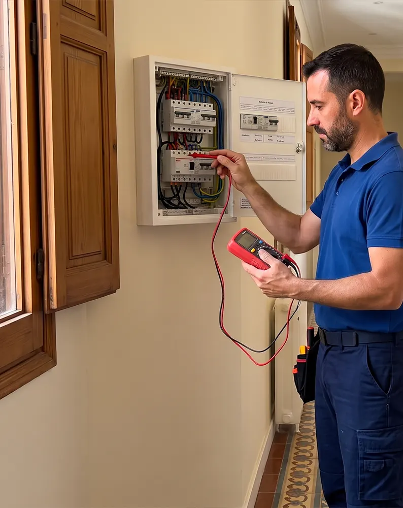 Instalador certificado tendiendo cableado en una oficina de Barcelona