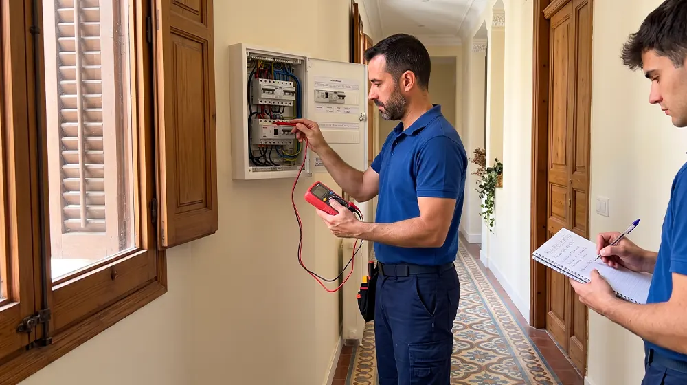 Instalador certificado tendiendo cableado en una oficina de Barcelona
