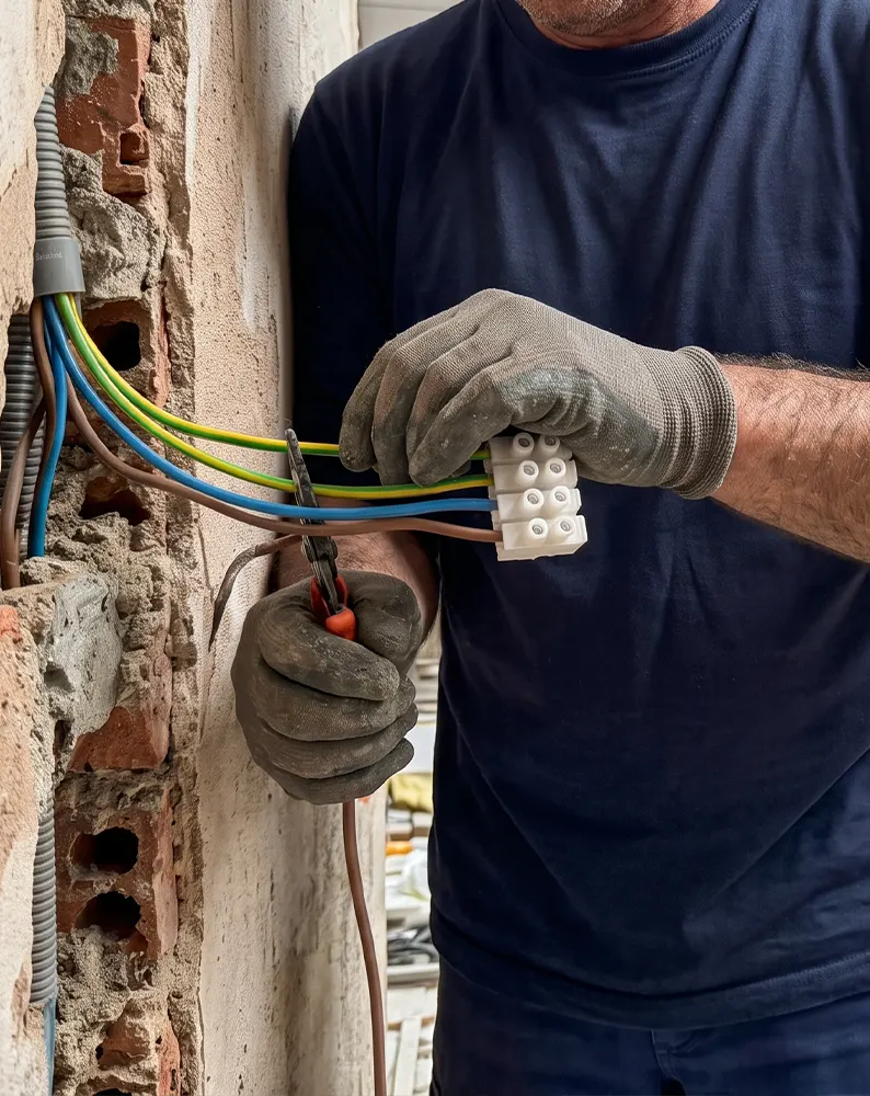 Electricista instalando cableado nuevo en un piso de Barcelona