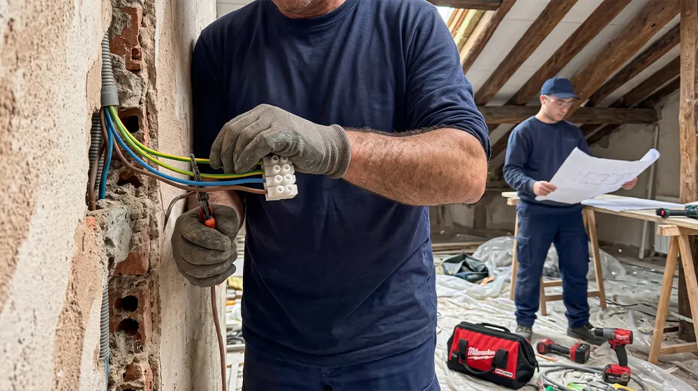 Electricista instalando cableado nuevo en un piso de Barcelona