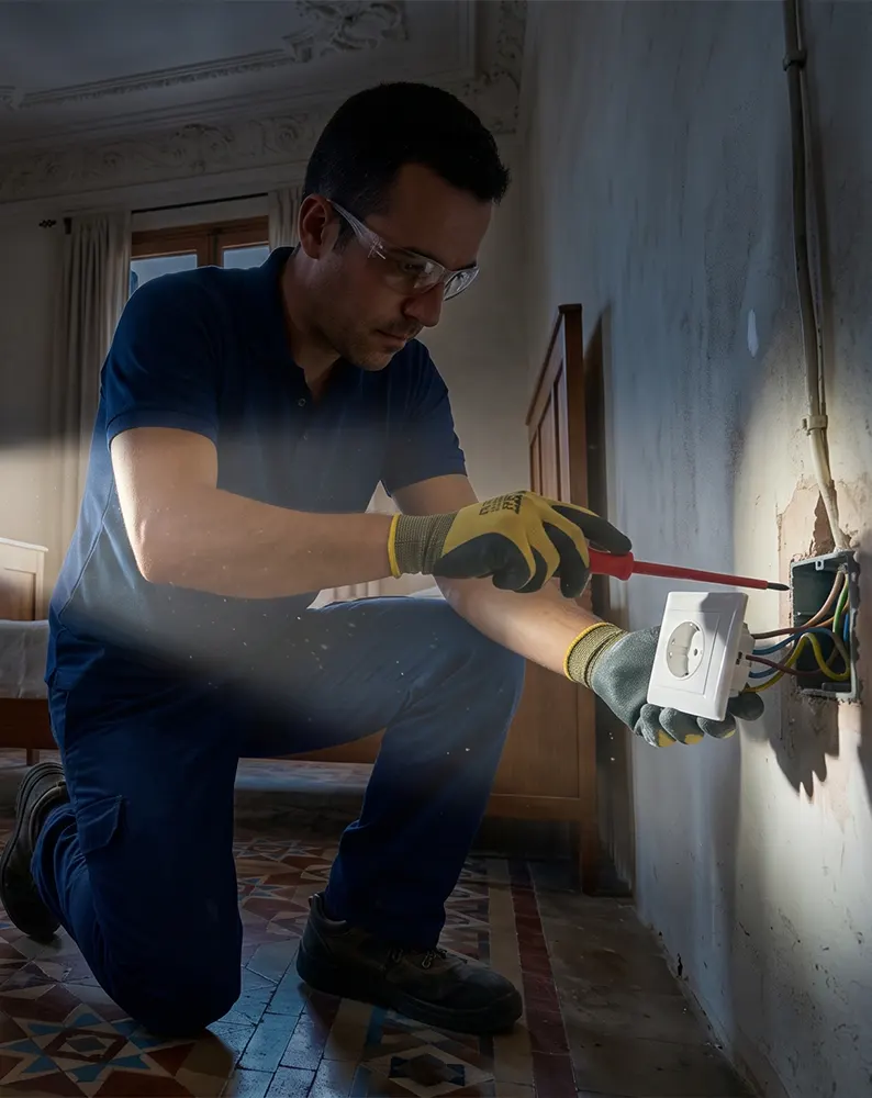 Instalador autorizado revisando la conexión a tierra de una vivienda