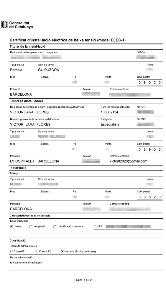 Certificado de Instalación Eléctrica CIE página 1