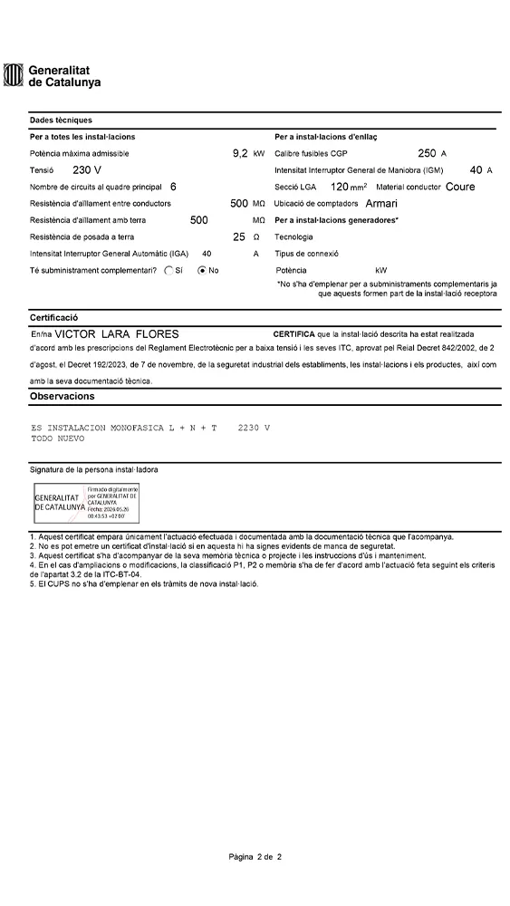 Certificado de Instalación Eléctrica CIE página 2