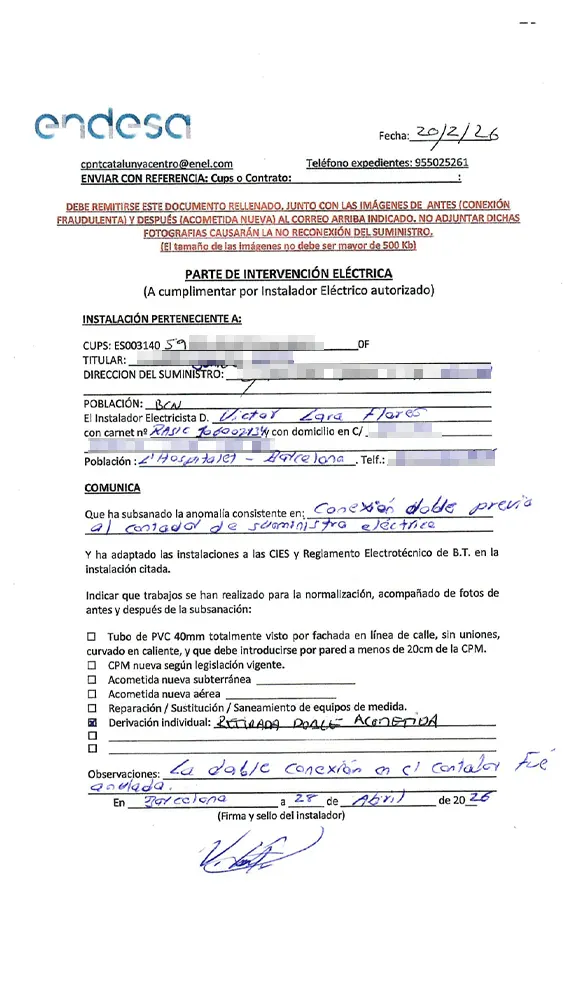 Anulación de doble acometida y regularización de contador