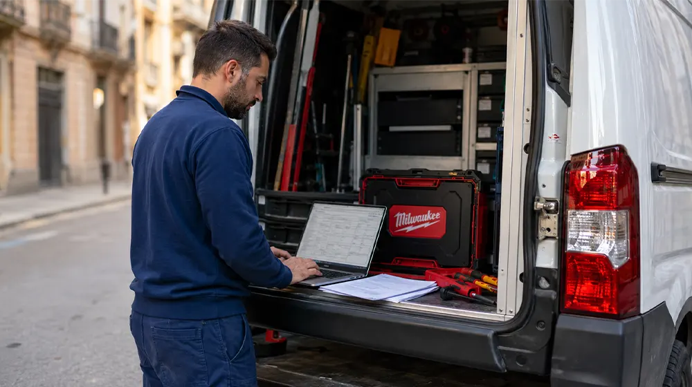 Electricista revisando el cuadro eléctrico para el boletín en Barcelona
