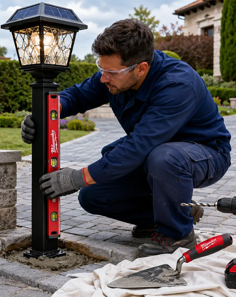 Farol solar de exterior instalado en un jardín