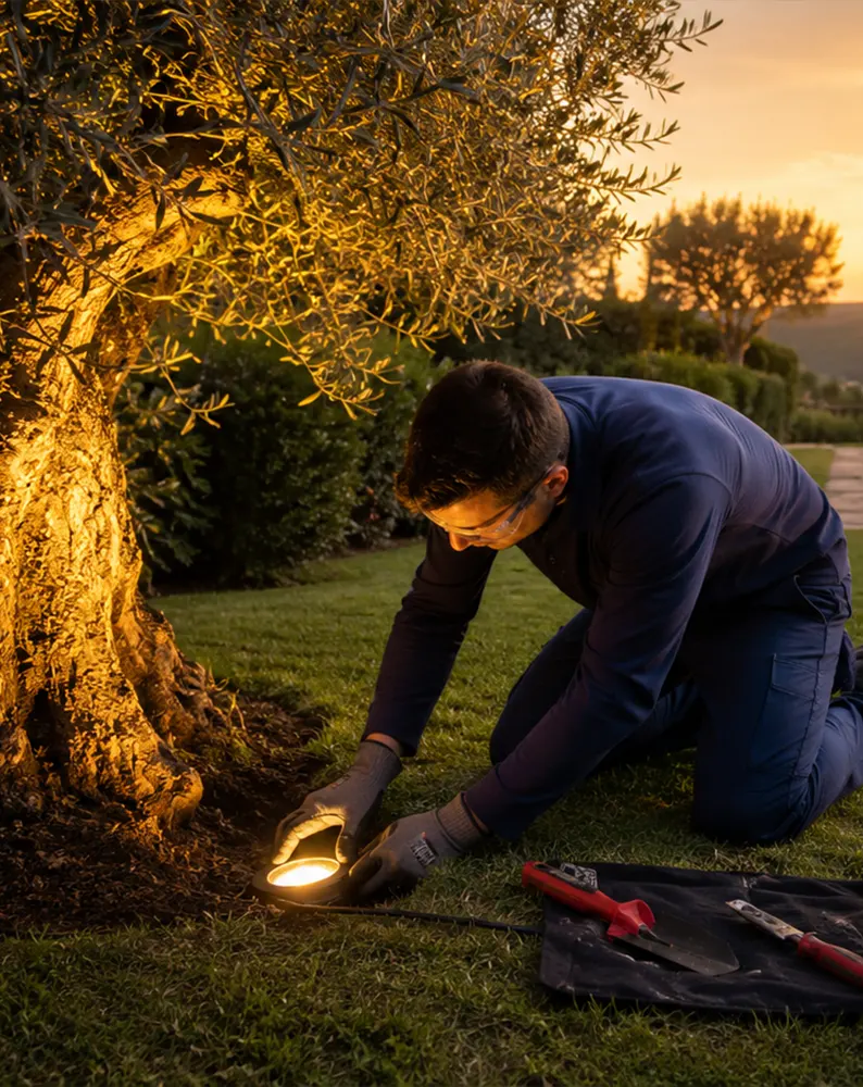 Foco LED exterior con protección IP65 en un jardín