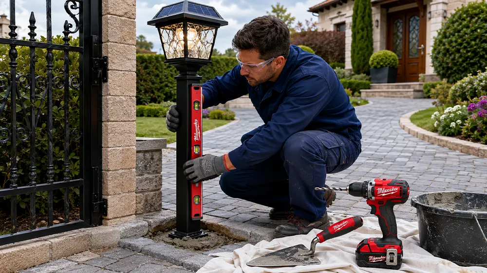 Farol solar de exterior instalado en un jardín