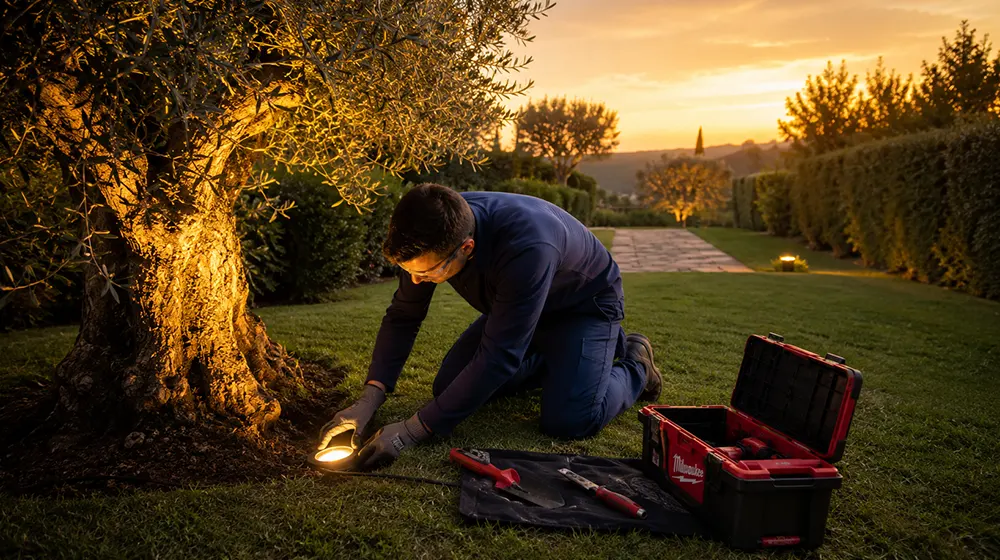 Foco LED exterior con protección IP65 en un jardín