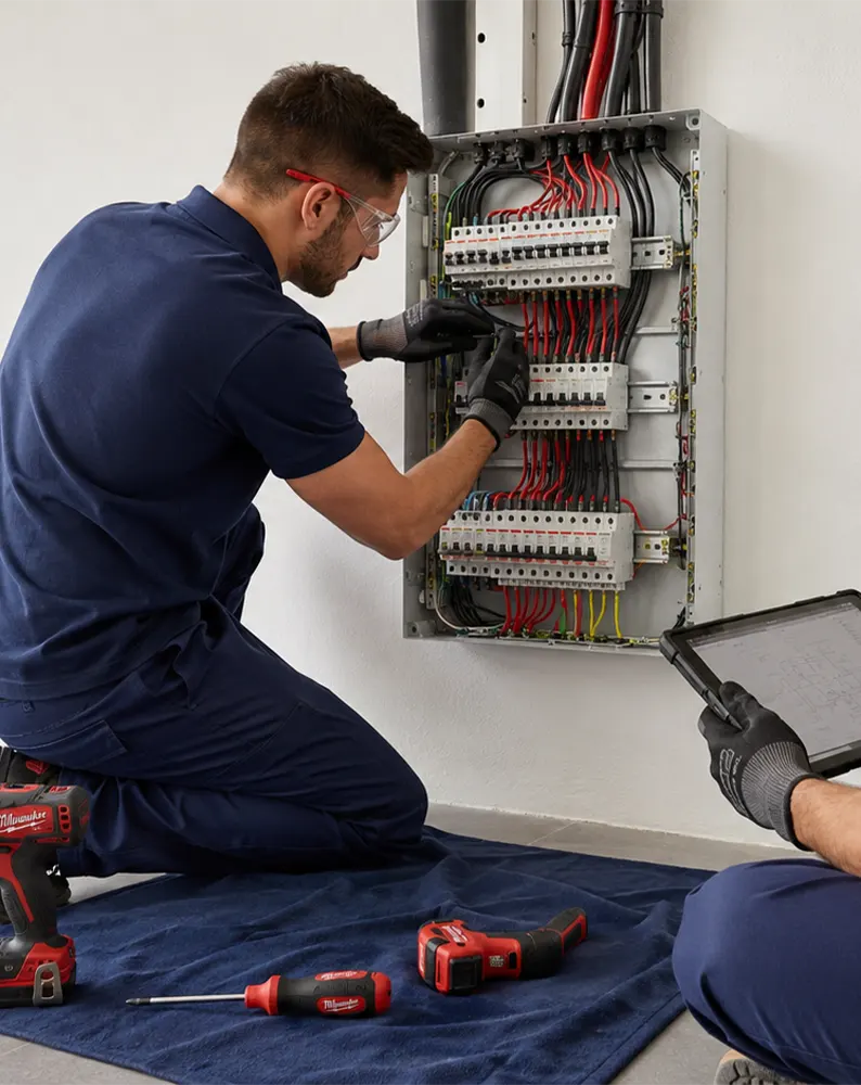 Electricista conectando el inversor de una instalación fotovoltaica