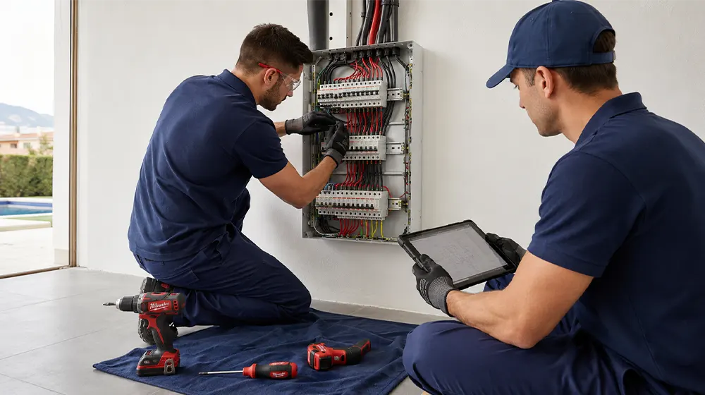 Electricista conectando el inversor de una instalación fotovoltaica