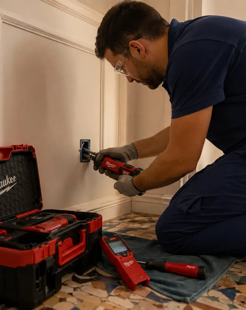 Roseta RJ45 instalada en pared de vivienda en Barcelona