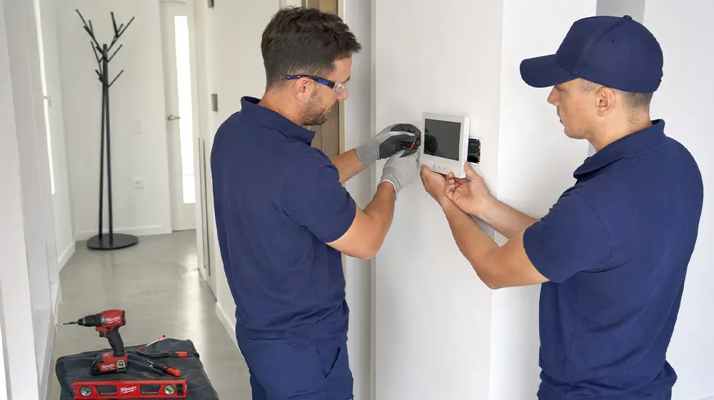 Placa exterior de videoportero instalada en un portal