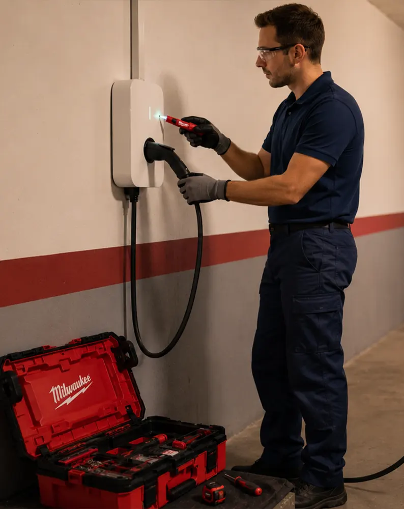 Instalador autorizado REBT revisando cuadro eléctrico para wallbox