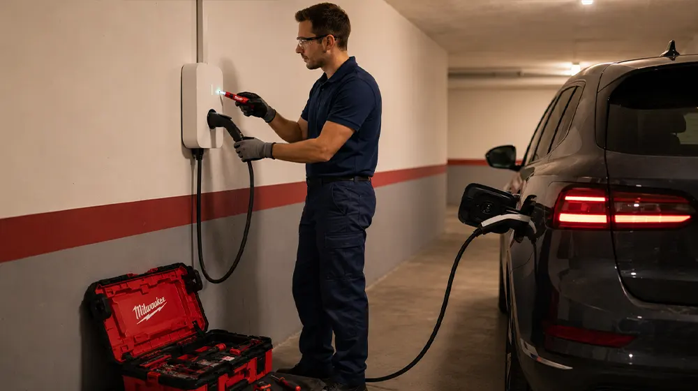 Instalador autorizado REBT revisando cuadro eléctrico para wallbox
