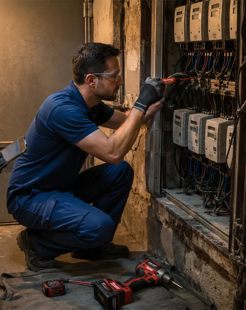 Técnico revisando un cuadro eléctrico industrial