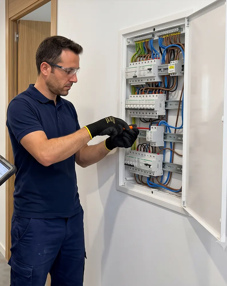 Electricista instalando un cuadro eléctrico nuevo
